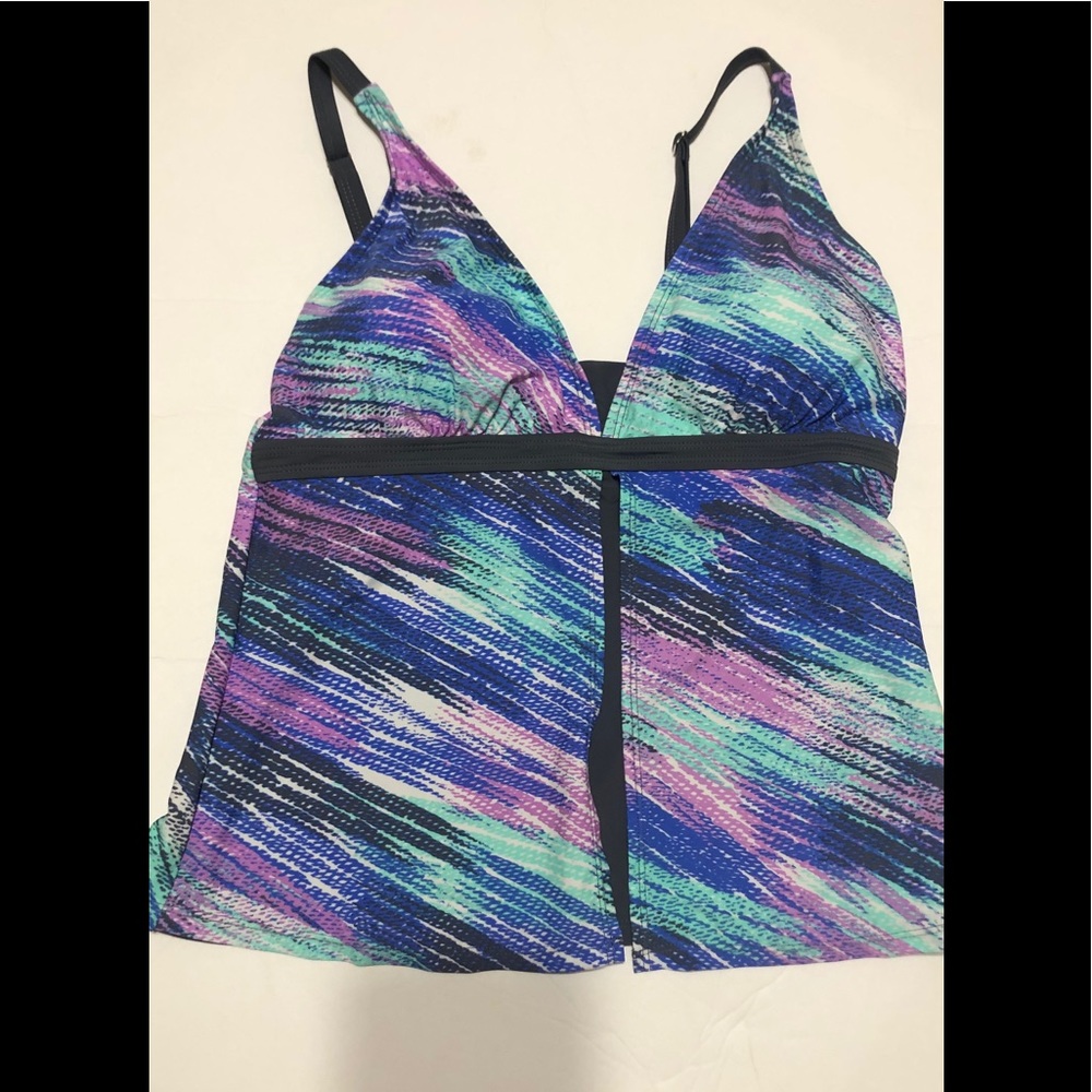 Blue and grey 2 piece tankini with skirted bottom